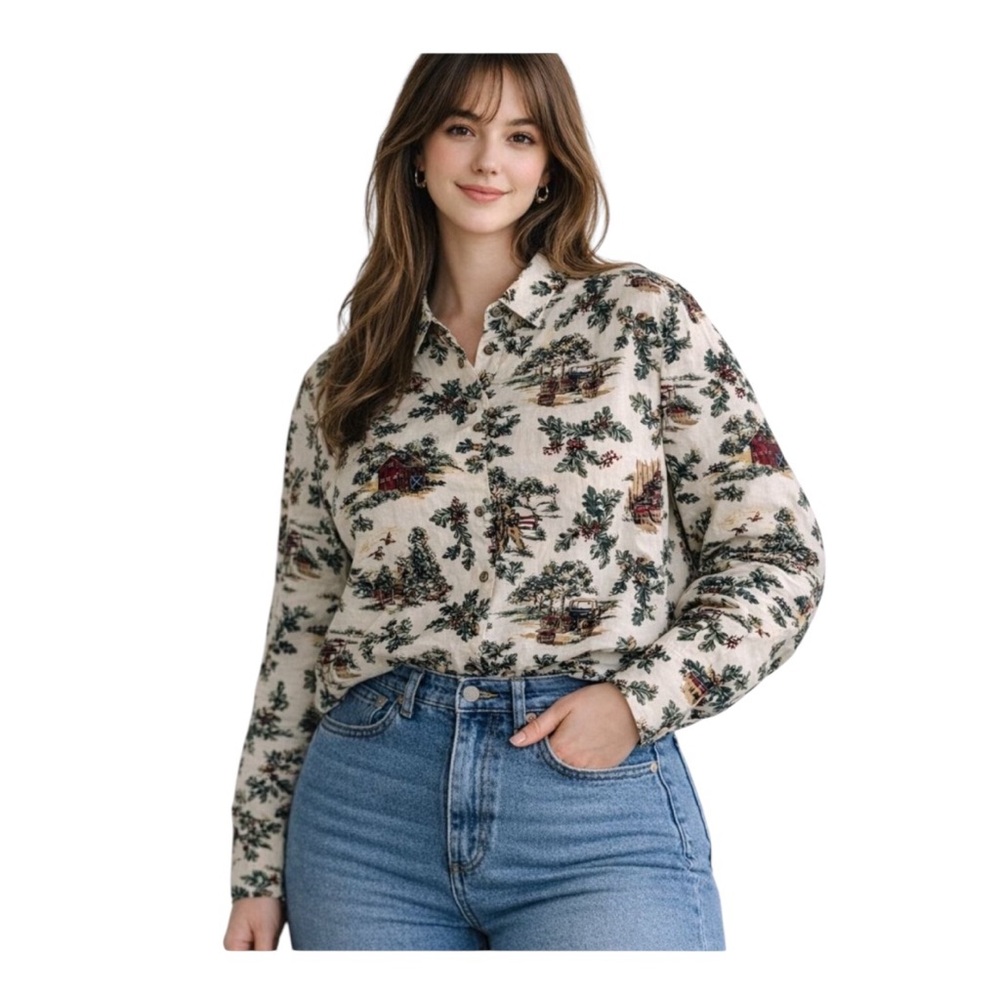 Vintage Talbots Toile Apple Picking Blouse Petite Large Cottagecore Country Top